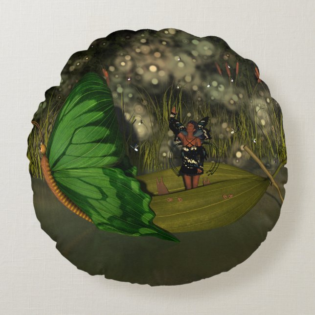 Cute Fairy in Boat with Fireflies Round Pillow (Front)