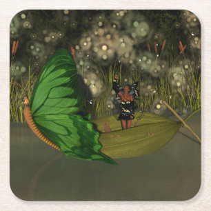 Cute Fairy in Boat with Fireflies Square Paper Coaster