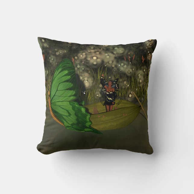 Cute Fairy in Boat with Fireflies Throw Pillow (Front)