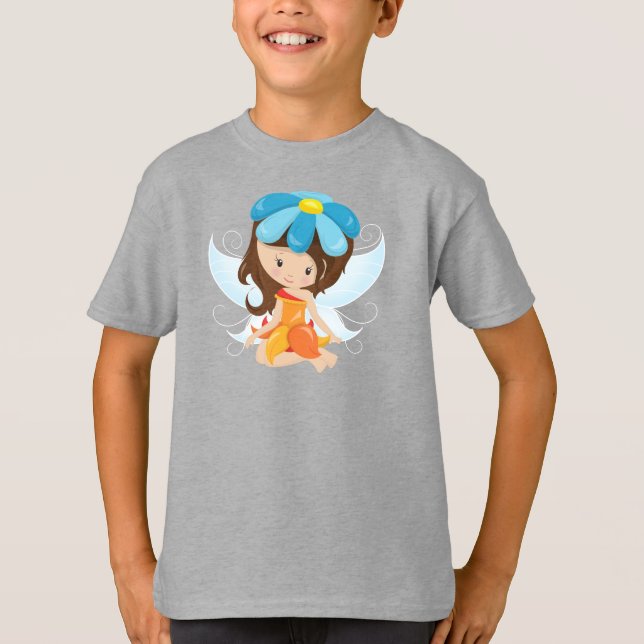 Cute Fairy, Magic Fairy, Brown Hair, Flowers T-Shirt (Front)