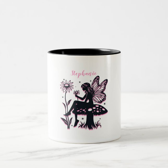 Cute Fairy Mushroom and Flower Black & Pink Two-Tone Coffee Mug (Center)