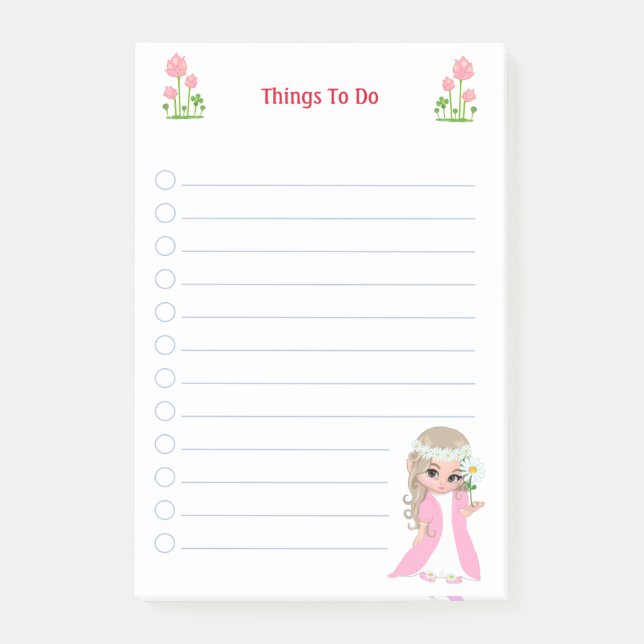 Cute Fairy & Pink Flowers Things To Do Notes (Front)