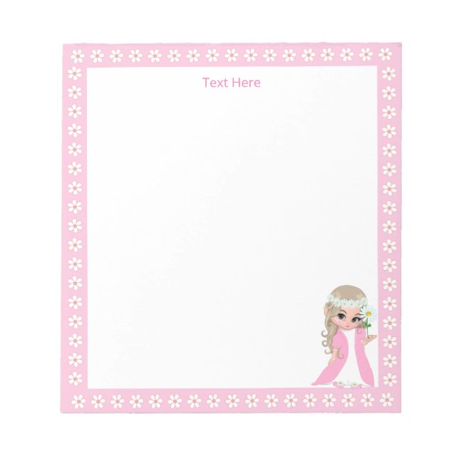 Cute Fairy Princess & White Flowers on Simple  Notepad (Front)