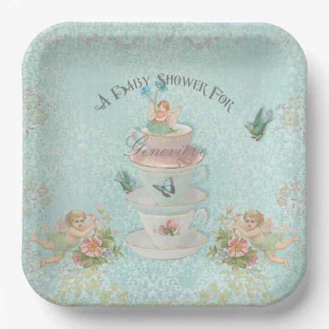 Cute Fairy Tea Cup Girl Baby Shower Personalized Paper Plate (Front)