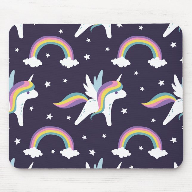Cute Fairy Unicorn + rainbows blue background Mouse Pad (Front)