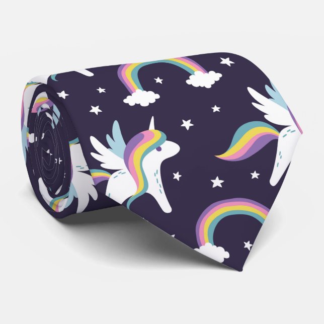Cute Fairy Unicorn + rainbows blue background Tie (Rolled)