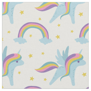 Cute Fairy Unicorn + rainbows white background Fabric