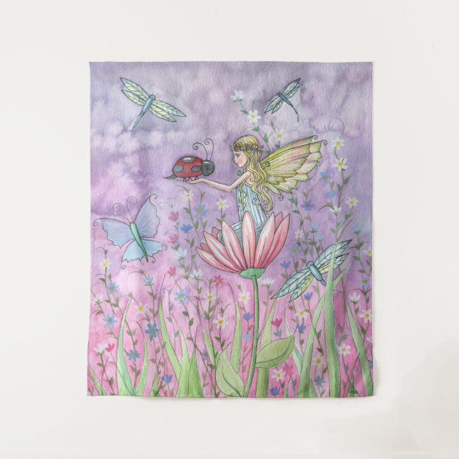 Cute Fairy with Ladybug Watercolor Art Tapestry (Front)