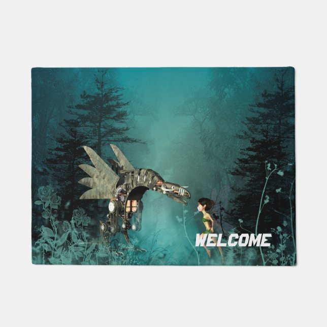 Cute fairy with steam dragon in a fantasy forest doormat (Front)