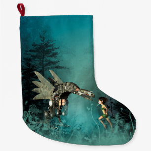 Cute fairy with steam dragon large christmas stocking