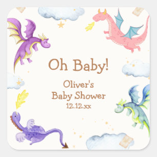 Cute Fairytale Magic Dragon Baby Shower  Square Sticker