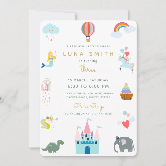Cute Fairytale Princess Dragon Colourful Birthday Invitation (Front)