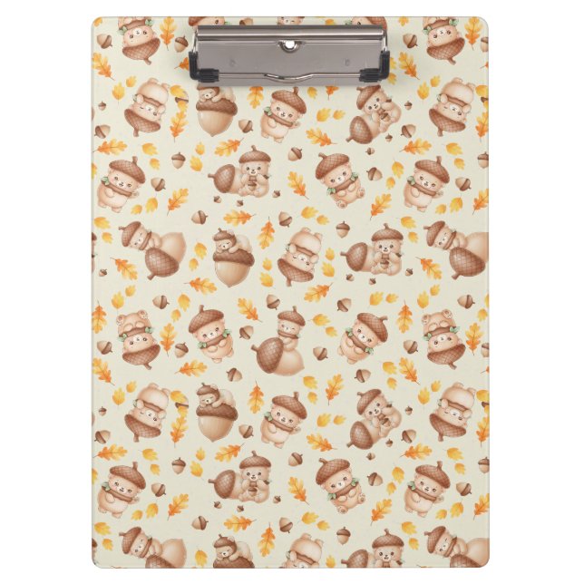 Cute Fall Acorn Bear Seamless Pattern Clipboard (Front)