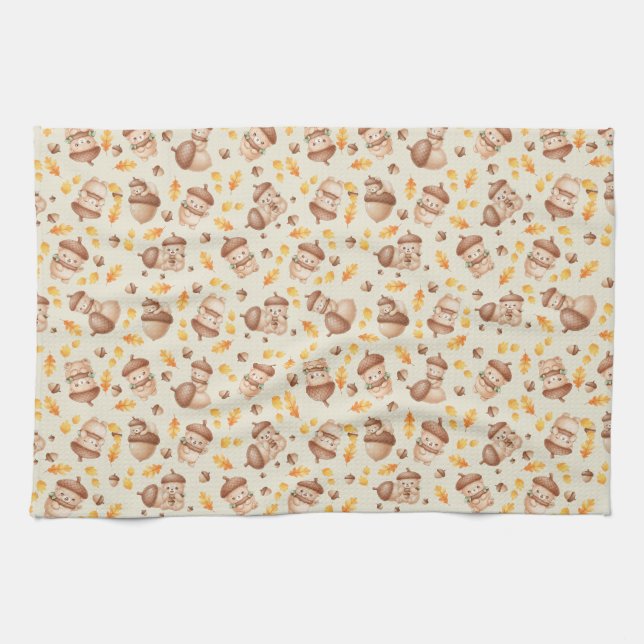 Cute Fall Acorn Bear Seamless Pattern Kitchen Towel (Horizontal)