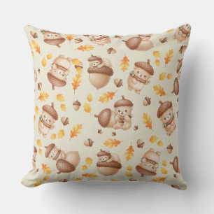 Cute Fall Acorn Bear Seamless Pattern Throw Pillow