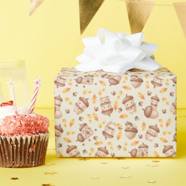 Cute Fall Acorn Bear Seamless Pattern Wrapping Paper (Birthday Party)