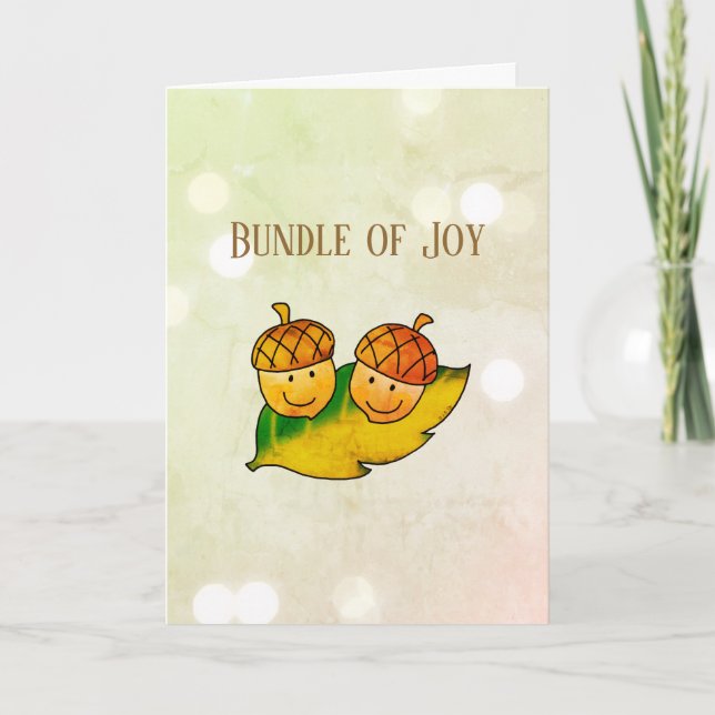 Cute Fall Acorn Bundle of Joy Twin Baby Shower Card (Front)