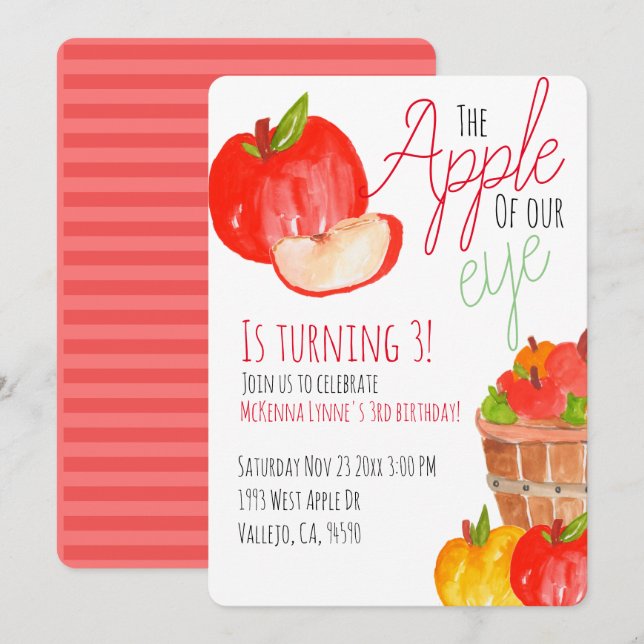 Cute fall apple kid birthday party invitation (Front/Back)