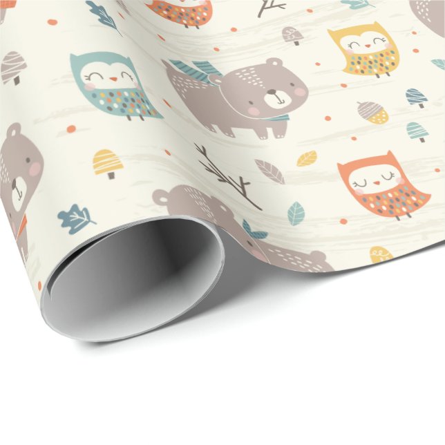 Cute Fall Bear and Owls on cream Wrapping Paper (Roll Corner)