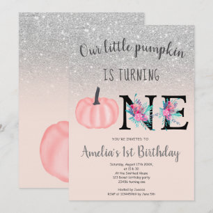 Cute fall blush silver little pumpkin 1st birthday invitation