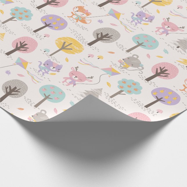 Cute Fall Forest animals with kites and trees Wrapping Paper (Corner)