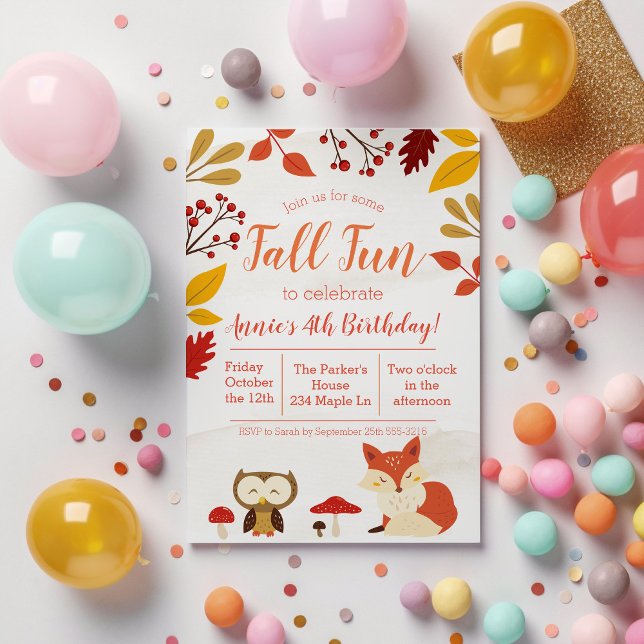  Cute Fall Fun Woodland Animals Kids Birthday Invitation (Creator Uploaded)