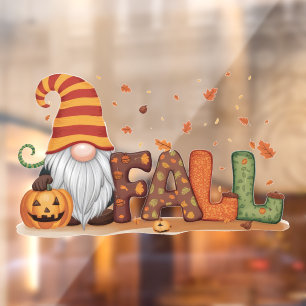 Cute Fall Gnome with Maple Leaves Window Cling