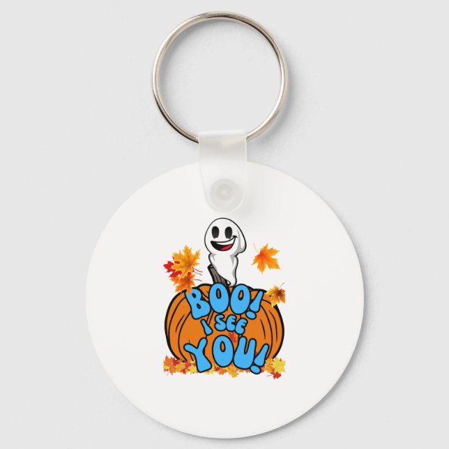 Cute Fall Halloween ghost Boo! I see You! Sticker Keychain (Front)