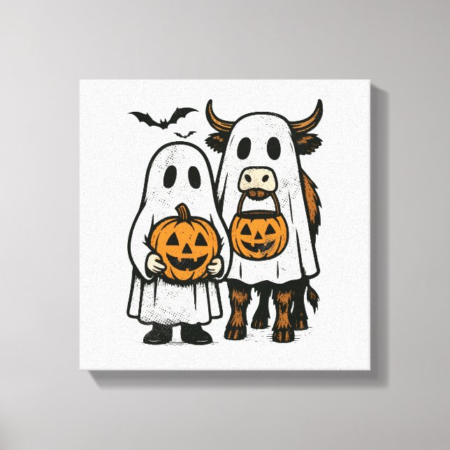 Cute Fall Highland Cow Ghost Halloween 2 Canvas Print (Front)