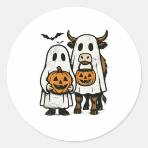 Cute Fall Highland Cow Ghost Halloween 2 Classic Round Sticker