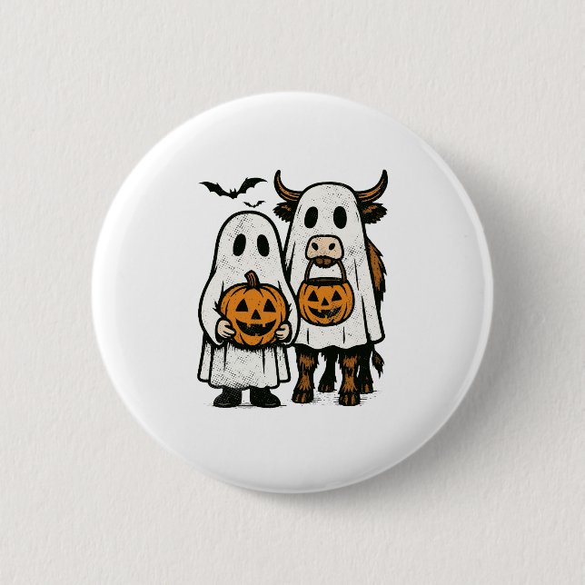 Cute Fall Highland Cow Ghost Halloween 2 Inch Round Button (Front)
