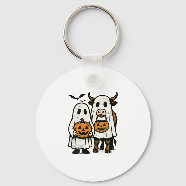 Cute Fall Highland Cow Ghost Halloween 2 Keychain (Front)