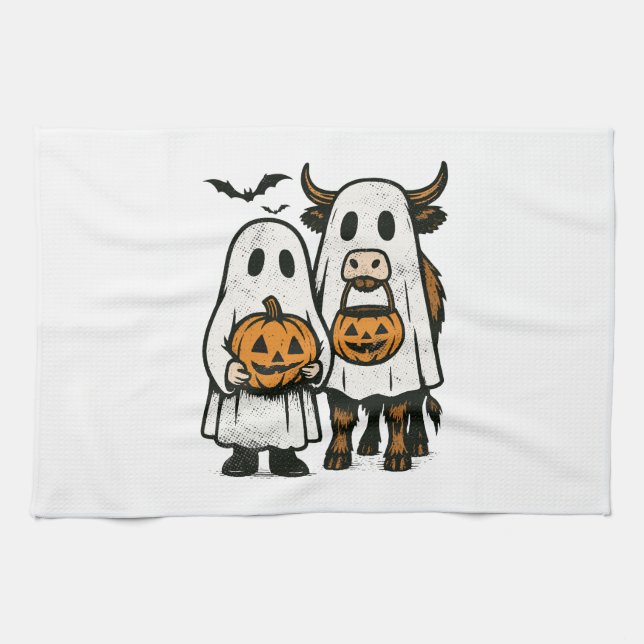 Cute Fall Highland Cow Ghost Halloween 2 Kitchen Towel (Horizontal)
