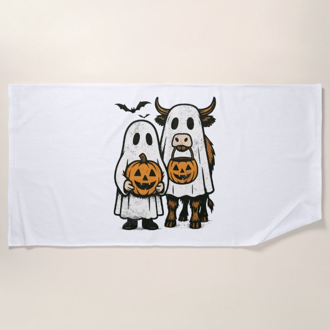 Cute Fall Highland Cow Ghost Halloween Beach Towel (Front)