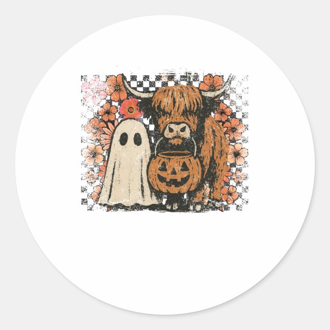 Cute Fall Highland Cow Ghost Halloween Classic Round Sticker (Front)