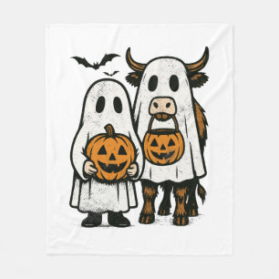 Cute Fall Highland Cow Ghost Halloween Fleece Blanket