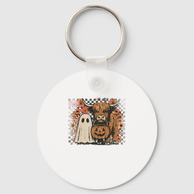 Cute Fall Highland Cow Ghost Halloween Keychain (Front)