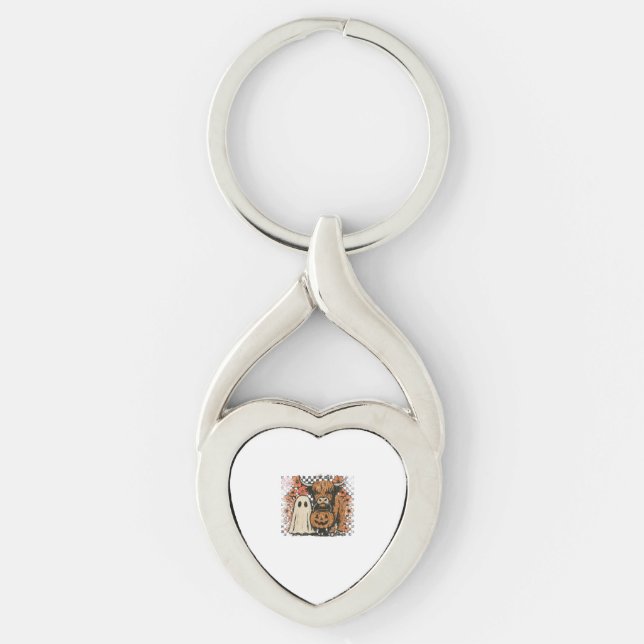 Cute Fall Highland Cow Ghost Halloween Keychain (Front)