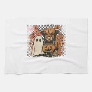 Cute Fall Highland Cow Ghost Halloween Kitchen Towel