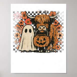 Cute Fall Highland Cow Ghost Halloween Poster