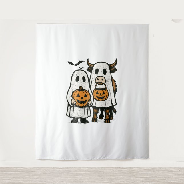 Cute Fall Highland Cow Ghost Halloween Tapestry (Front)