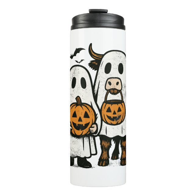 Cute Fall Highland Cow Ghost Halloween Thermal Tumbler (Front)