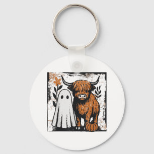 Cute Fall Highland Cow Ghost Spooky Season Funny _ Keychain