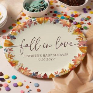 Cute Fall in Love Foliage Baby Shower Paper Plate