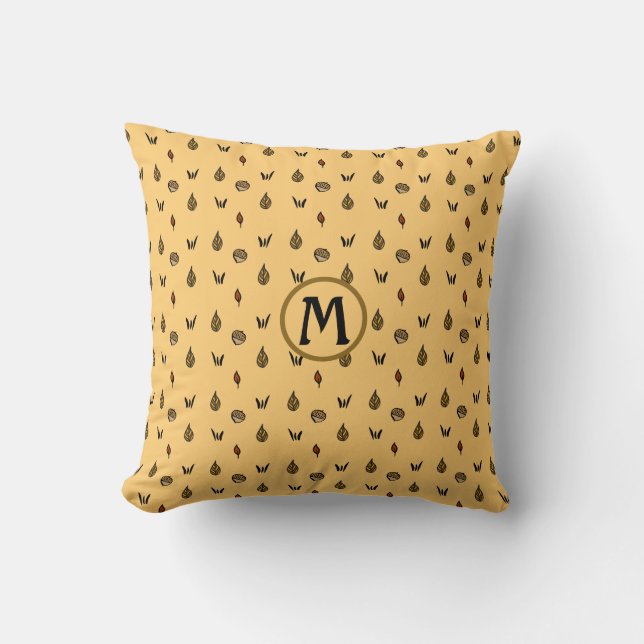 Cute Fall Leaves Acorns Pattern Custom Monogram Throw Pillow (Front)