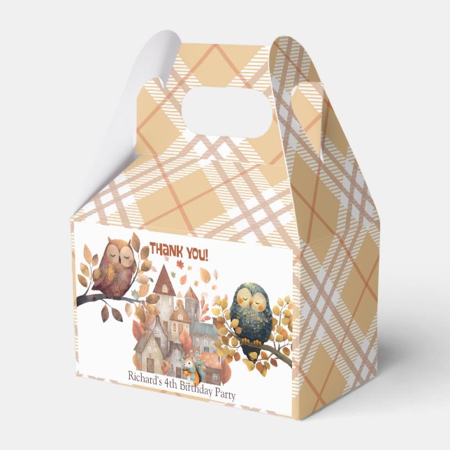 Cute Fall Owl & Squirrel Boy Birthday Favor Box (Front Side)