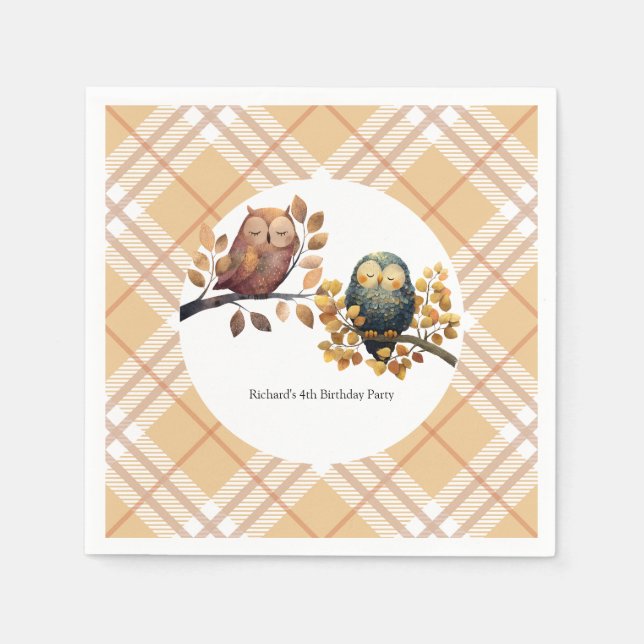 Cute Fall Owl & Squirrel Boy Birthday Napkin (Front)