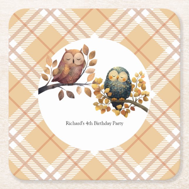 Cute Fall Owl & Squirrel Boy Birthday Square Paper Coaster (Front)