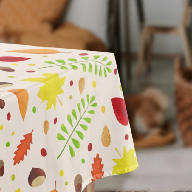 Cute fall pattern with colourful leaves and nuts tablecloth (Colorful autumn leaves tablecloth for cozy fall home decor and dining)