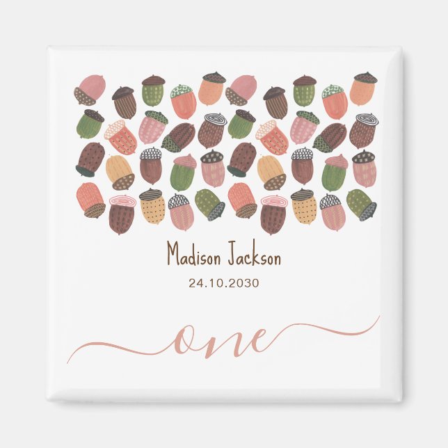 Cute Fall Pink Acorns girl first Birthday Party Magnet (Front)